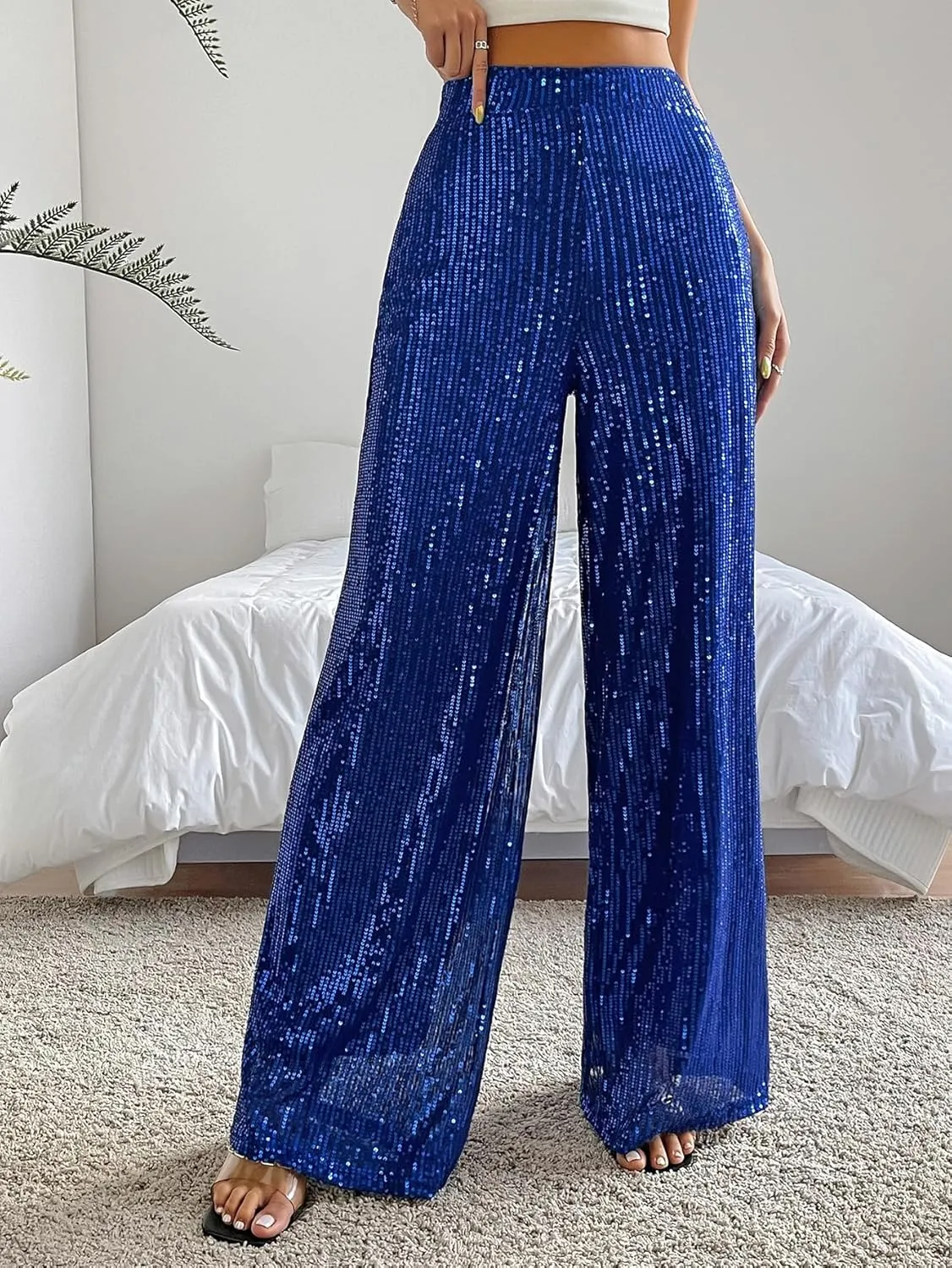 Floerns Women's Contrast Sequin High Waist Wide Leg Party Clubwear Long Pants