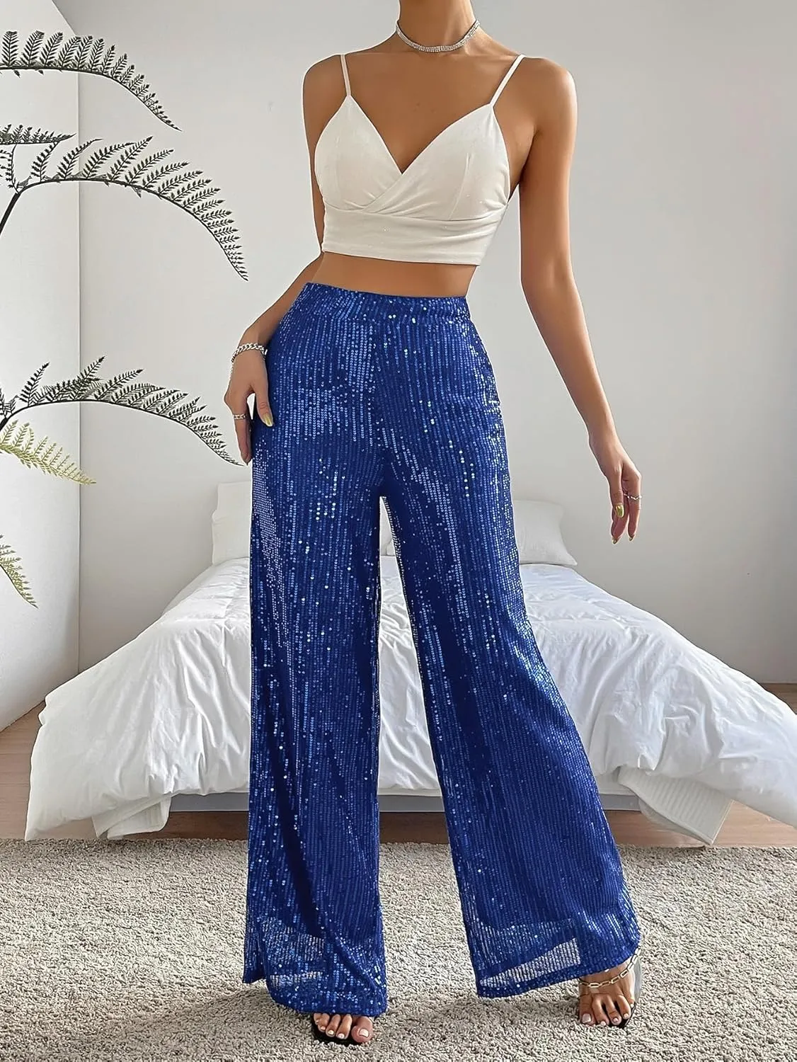 Floerns Women's Contrast Sequin High Waist Wide Leg Party Clubwear Long Pants
