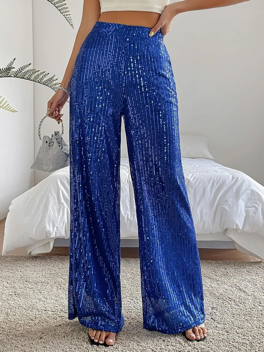 Floerns Women's Contrast Sequin High Waist Wide Leg Party Clubwear Long Pants