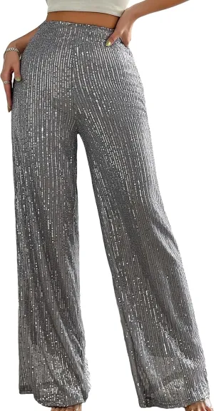 Floerns Women's Contrast Sequin High Waist Wide Leg Party Clubwear Long Pants
