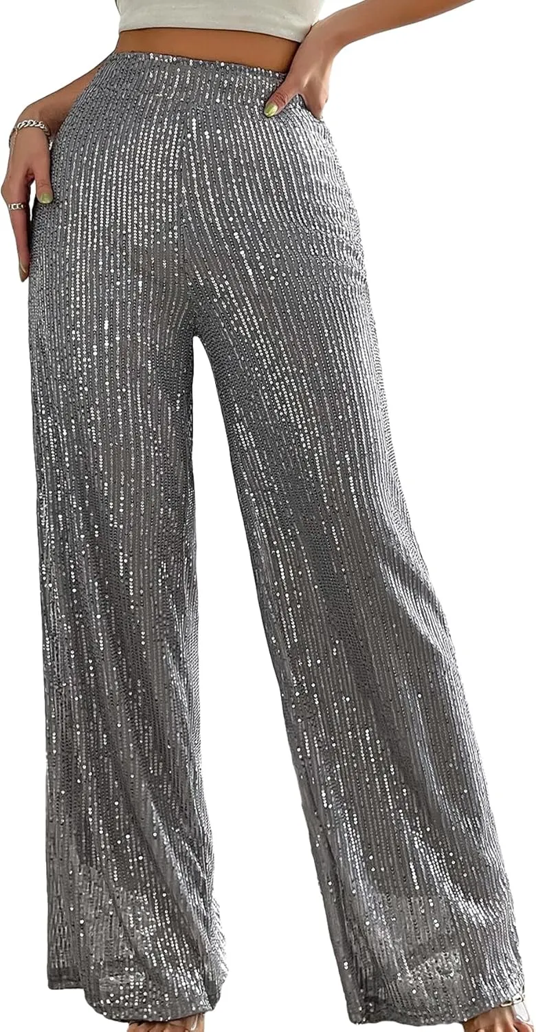 Floerns Women's Contrast Sequin High Waist Wide Leg Party Clubwear Long Pants