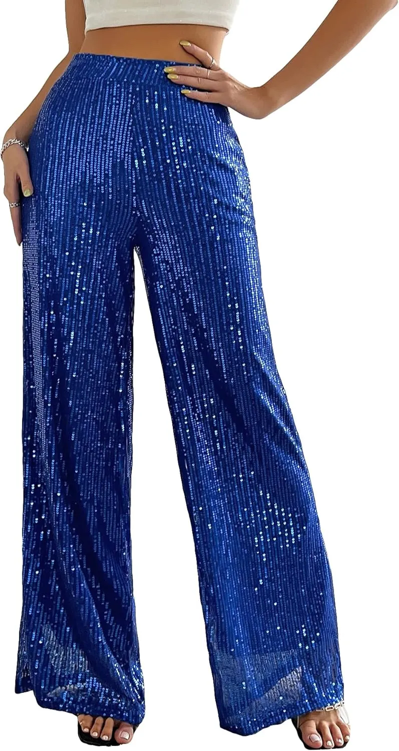 Floerns Women's Contrast Sequin High Waist Wide Leg Party Clubwear Long Pants