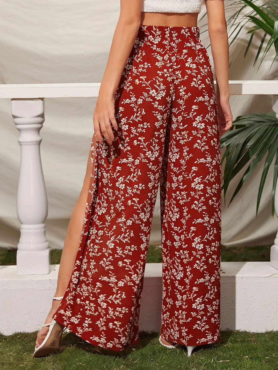 Floerns Women's Ditsy Floral Tie Front Wide Leg Wrap Long Pants
