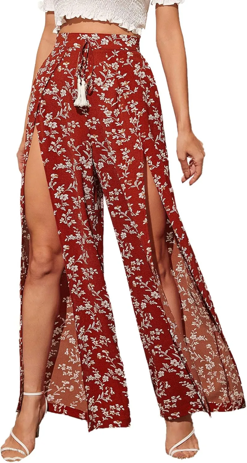 Floerns Women's Ditsy Floral Tie Front Wide Leg Wrap Long Pants