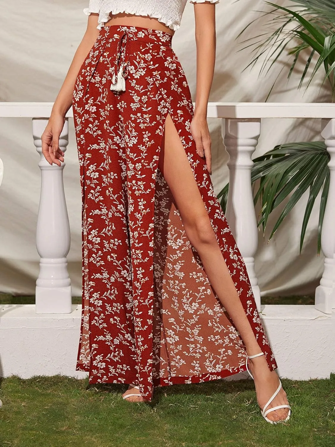 Floerns Women's Ditsy Floral Tie Front Wide Leg Wrap Long Pants