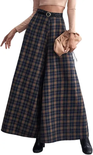 Floerns Women's Tartan Print High Waist Wide Leg Loose Fit Long Pants Trousers