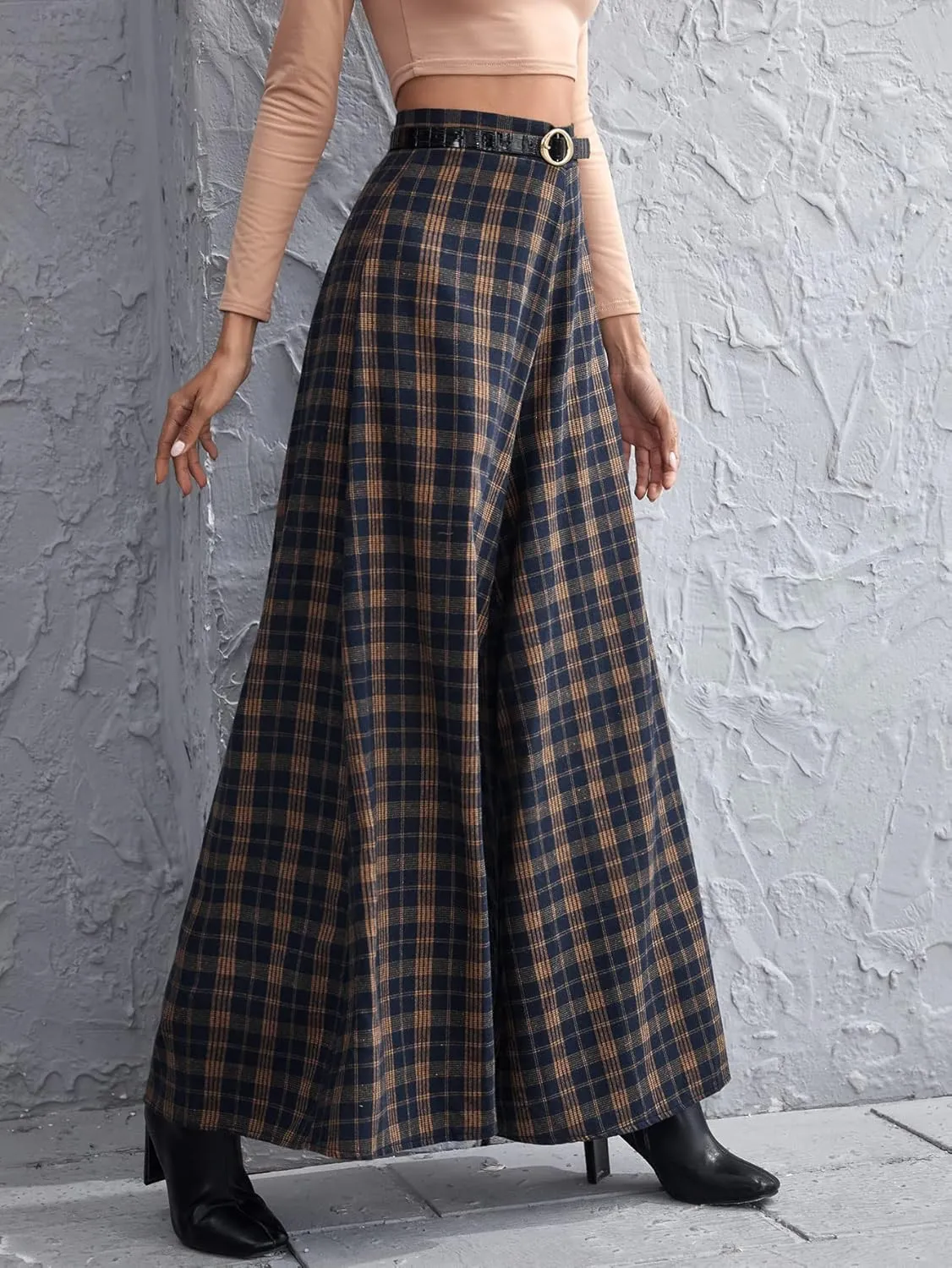 Floerns Women's Tartan Print High Waist Wide Leg Loose Fit Long Pants Trousers