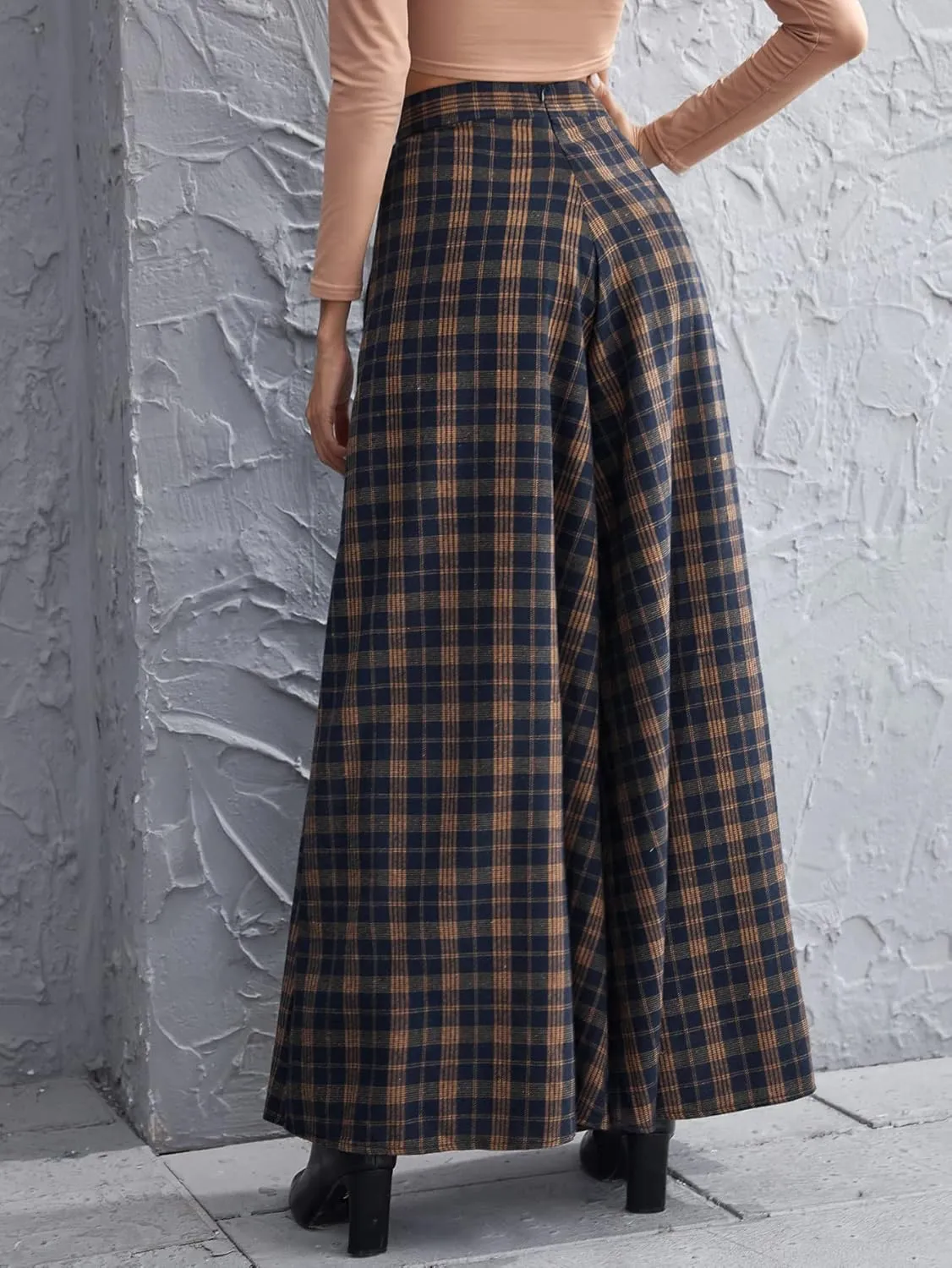 Floerns Women's Tartan Print High Waist Wide Leg Loose Fit Long Pants Trousers
