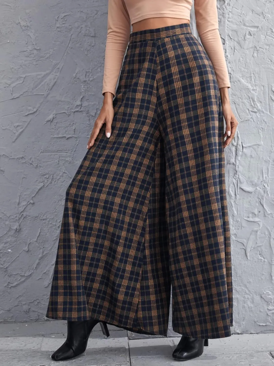 Floerns Women's Tartan Print High Waist Wide Leg Loose Fit Long Pants Trousers