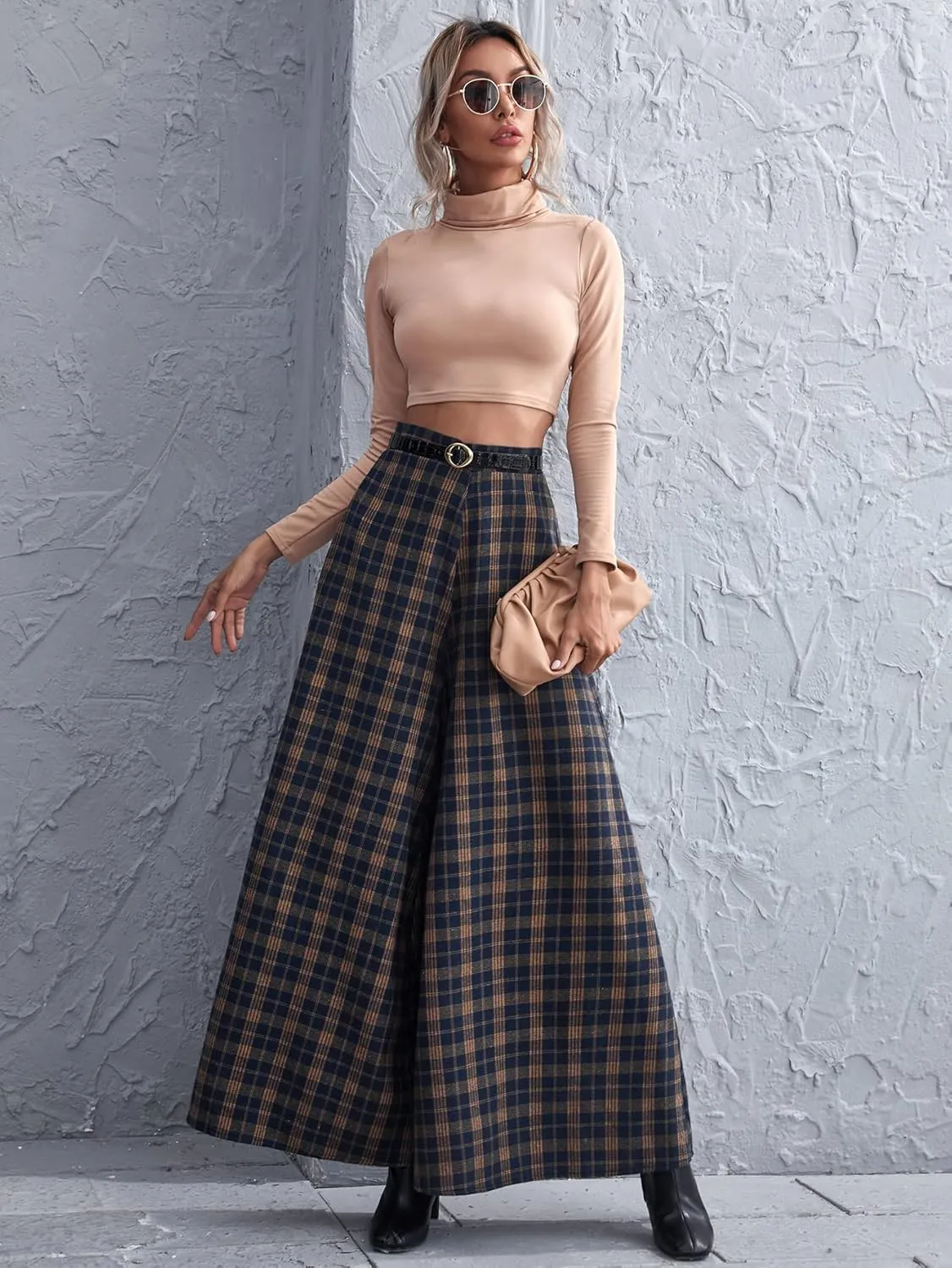 Floerns Women's Tartan Print High Waist Wide Leg Loose Fit Long Pants Trousers