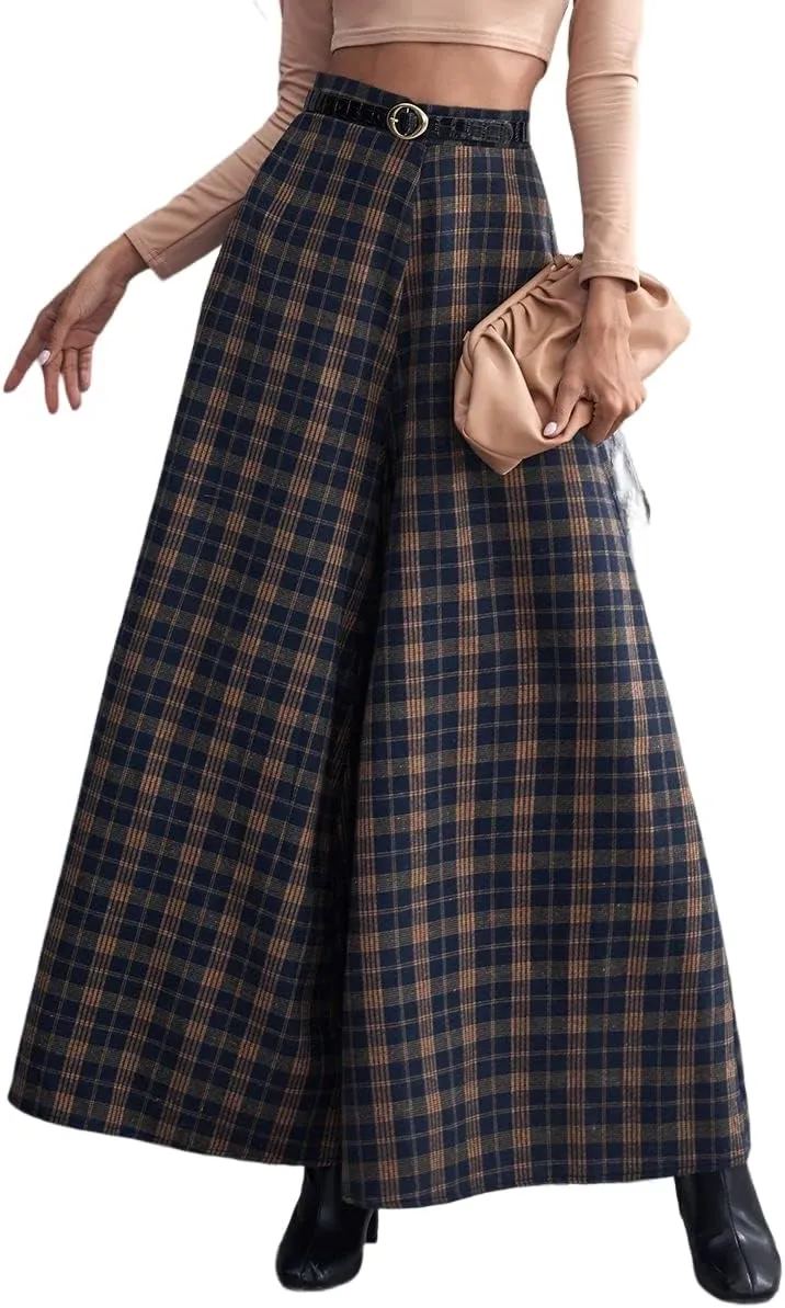 Floerns Women's Tartan Print High Waist Wide Leg Loose Fit Long Pants Trousers