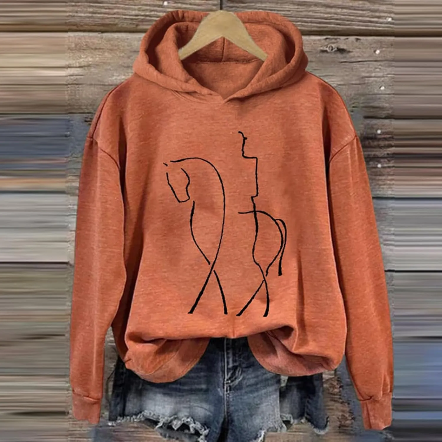 Funny Abstract Horse Print Hoodies Women Oversized Casual Fleece Sweatshirt Cute Knight Graphic Hooded Pullover Tops