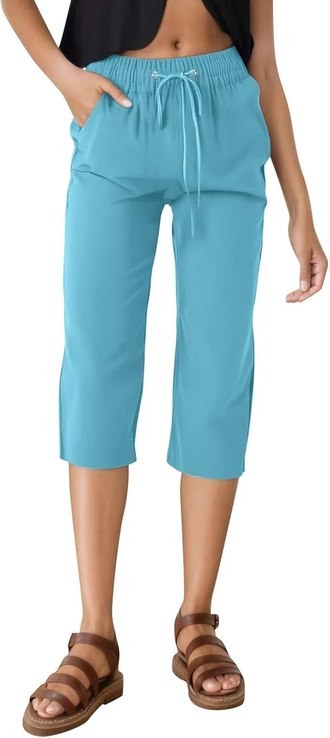 FZVYD Capris Pants for Women Cotton Linen Casual 2025 Summer Straight Wide Leg Loose Drawstring Elastic Waist Cropped Trouser