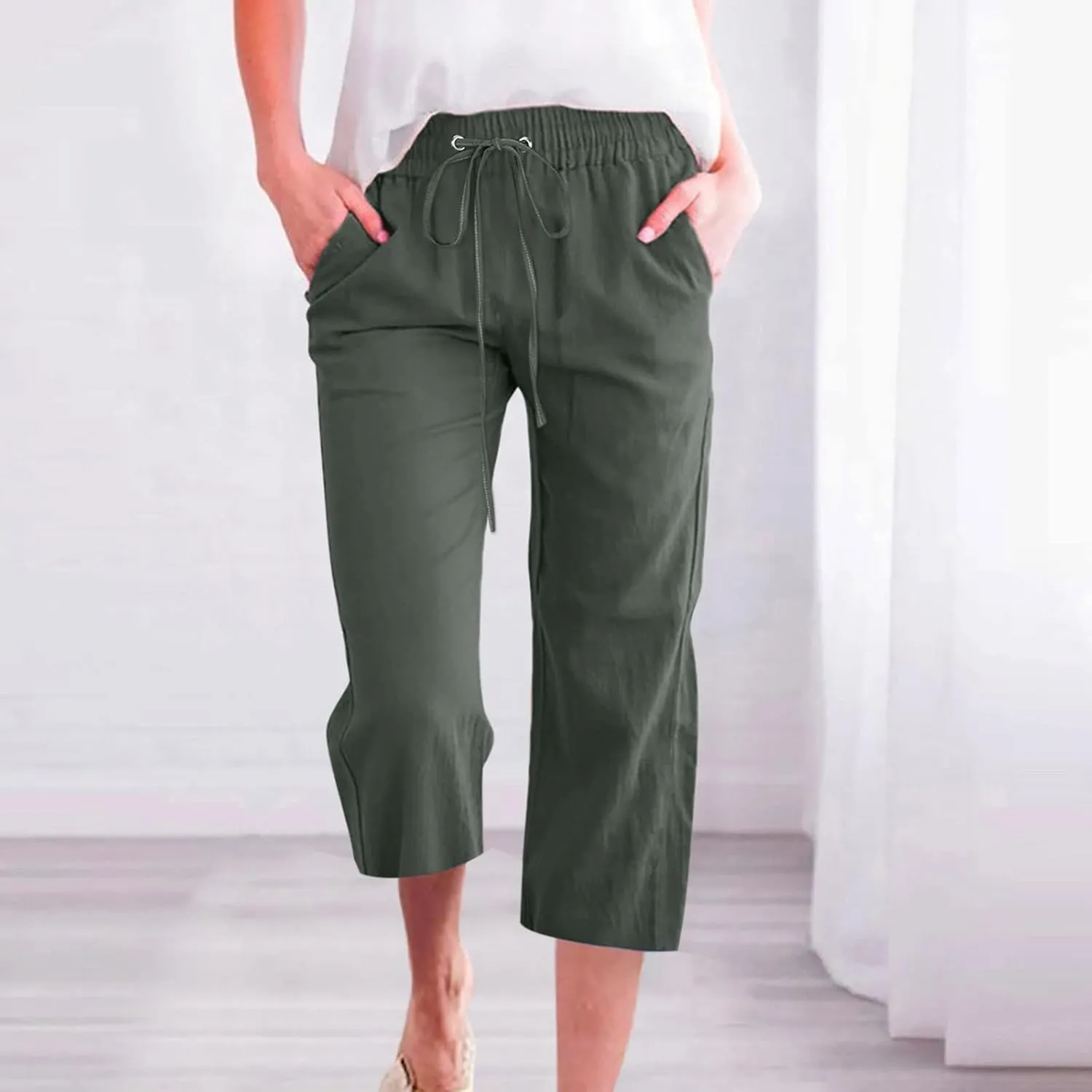 FZVYD Capris Pants for Women Cotton Linen Casual 2025 Summer Straight Wide Leg Loose Drawstring Elastic Waist Cropped Trouser