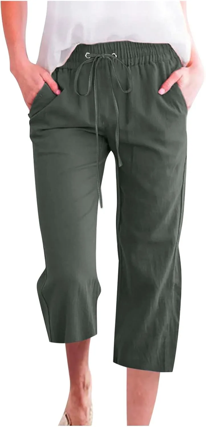 FZVYD Capris Pants for Women Cotton Linen Casual 2025 Summer Straight Wide Leg Loose Drawstring Elastic Waist Cropped Trouser