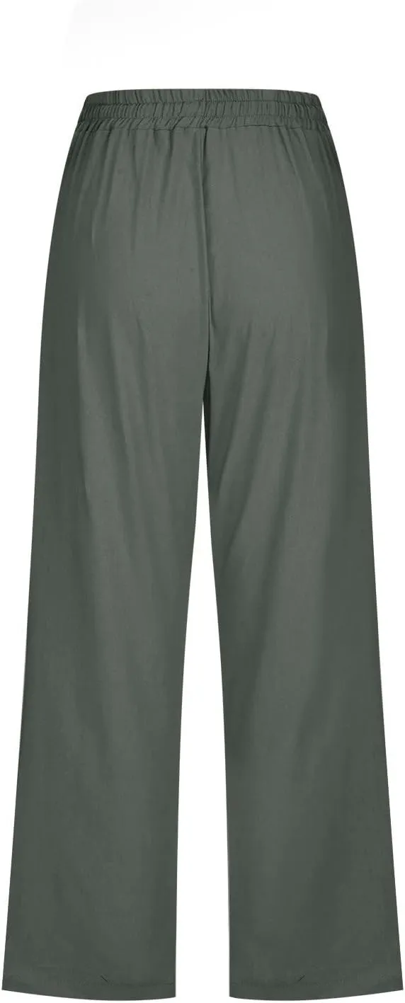 FZVYD Capris Pants for Women Cotton Linen Casual 2025 Summer Straight Wide Leg Loose Drawstring Elastic Waist Cropped Trouser