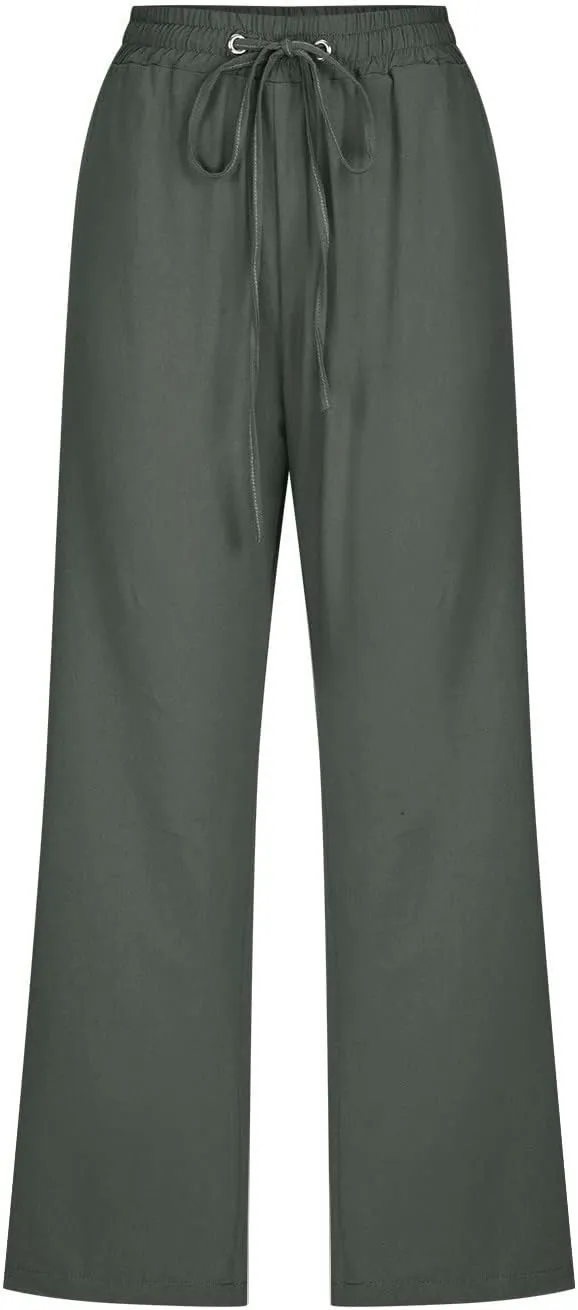 FZVYD Capris Pants for Women Cotton Linen Casual 2025 Summer Straight Wide Leg Loose Drawstring Elastic Waist Cropped Trouser