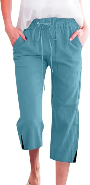 FZVYD Capris Pants for Women Cotton Linen Casual 2025 Summer Straight Wide Leg Loose Drawstring Elastic Waist Cropped Trouser