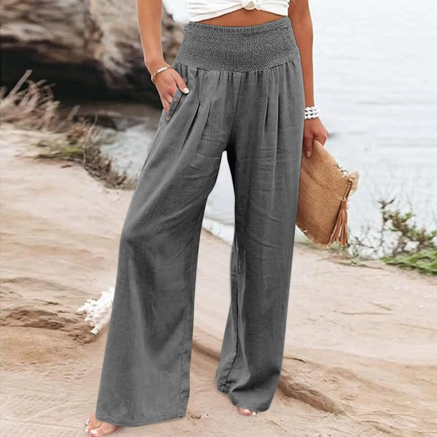 FZVYD Tummy Control Women High Waist Lounge Pants Casual Wide Leg Boho Trouser 2025 Summer Drawstring Sweatpants with Pocket