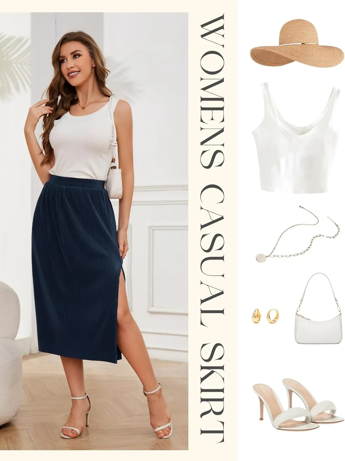 Gardenwed Womens Midi Casual Skirt High Waisted Pleated Flowy A Line Elastic Swing Skirts with Side Slit