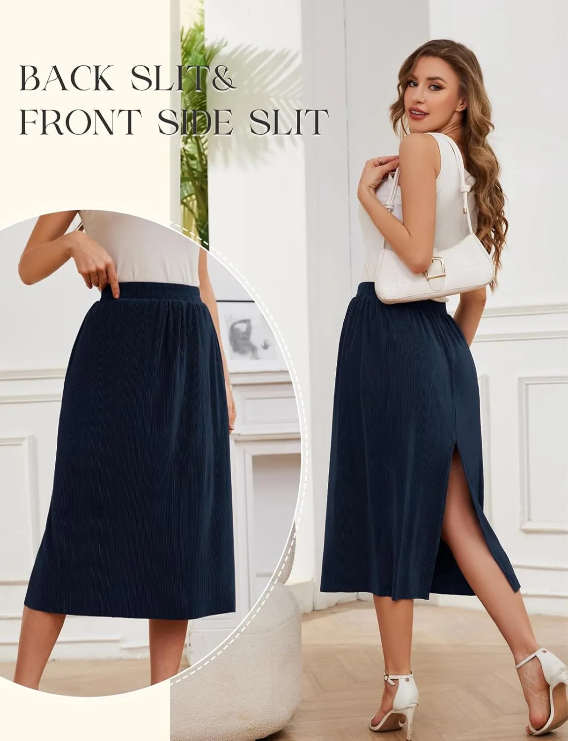Gardenwed Womens Midi Casual Skirt High Waisted Pleated Flowy A Line Elastic Swing Skirts with Side Slit
