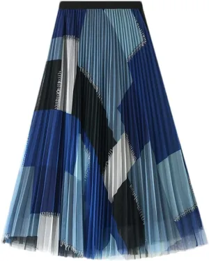 Geometric Print Y2K Skirt Women Long Midi Length Tulle Pleated Skirt
