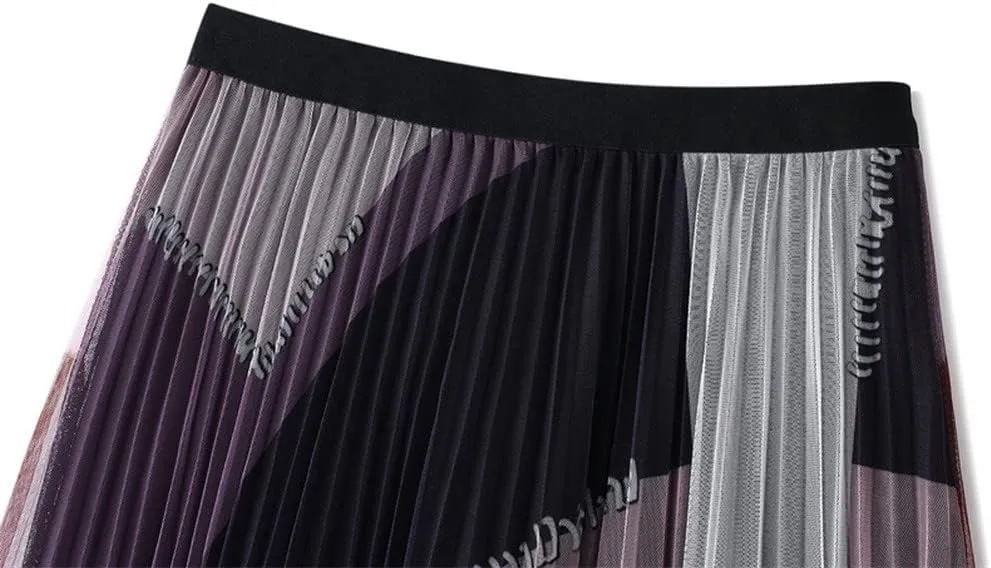 Geometric Print Y2K Skirt Women Long Midi Length Tulle Pleated Skirt