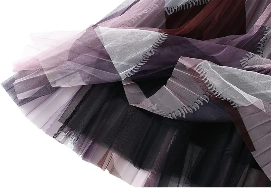 Geometric Print Y2K Skirt Women Long Midi Length Tulle Pleated Skirt