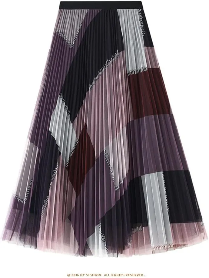 Geometric Print Y2K Skirt Women Long Midi Length Tulle Pleated Skirt