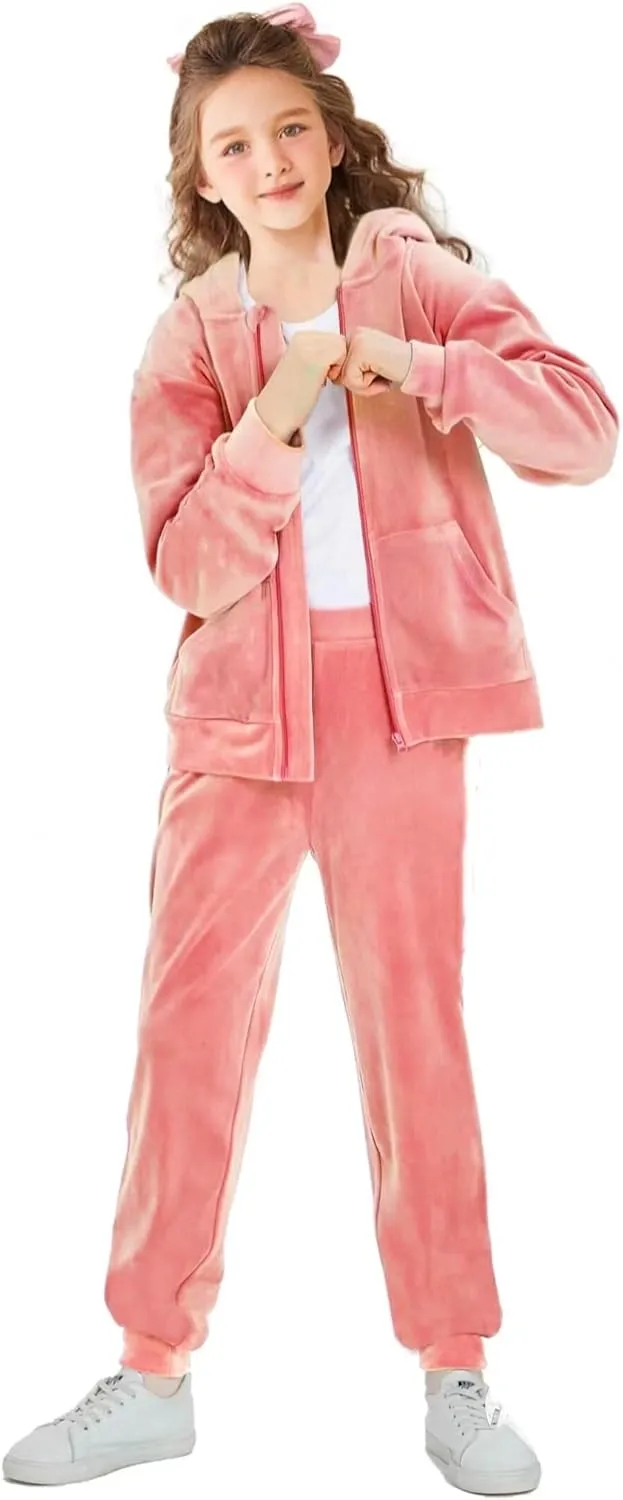 Girls Velour Tracksuit Sweatsuits Set 2 Piece Outfits Zip Up Hoodies and Pants Sportswear Jogging Suit