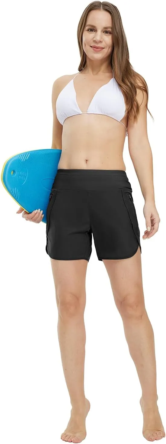 Gopune Women's 5" High Waisted Swim Board Shorts with Zipper Pockets UPF 50  Quick Dry Beach Trunks with Liner