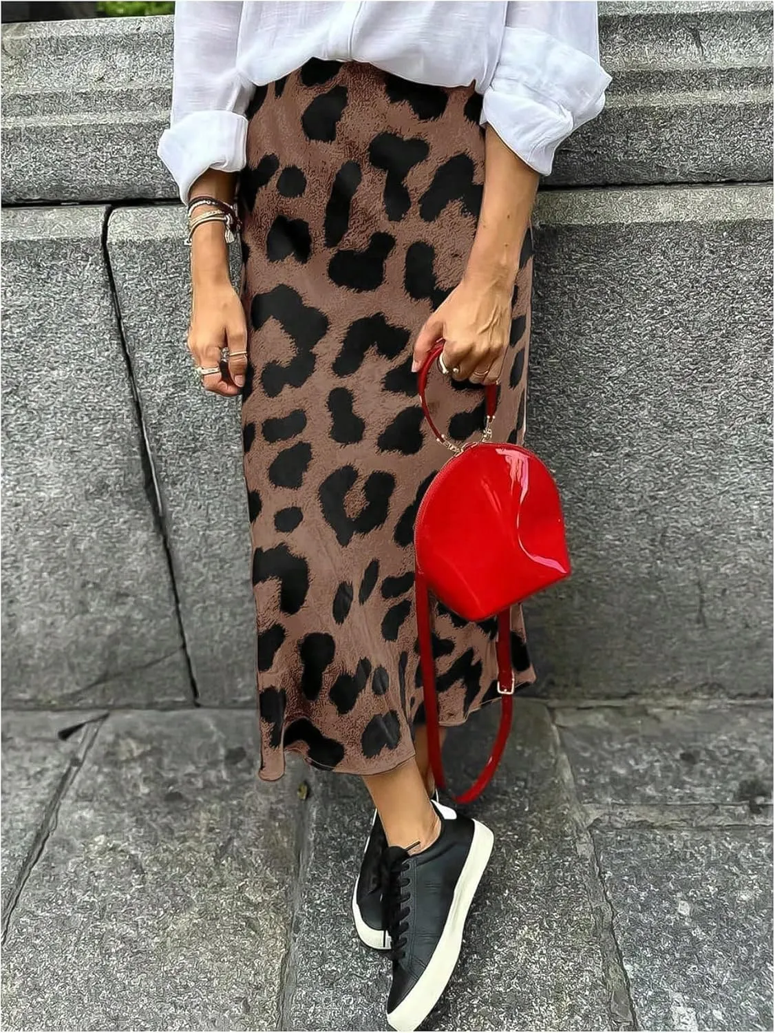 GORGLITTER Women's Leopard Skirt High Waisted Elastic Waistband Summer Long Skirts