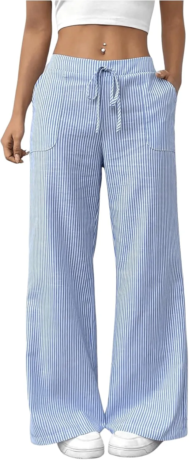 GORGLITTER Women's Striped Wide Leg Pants Drawstring Waist Lounge Pants Straight Leg Slant Pocket Trousers Blue X-Large