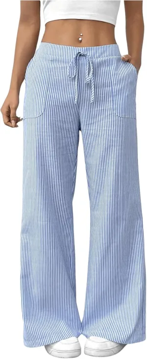 GORGLITTER Women's Striped Wide Leg Pants Drawstring Waist Lounge Pants Straight Leg Slant Pocket Trousers Blue X-Large