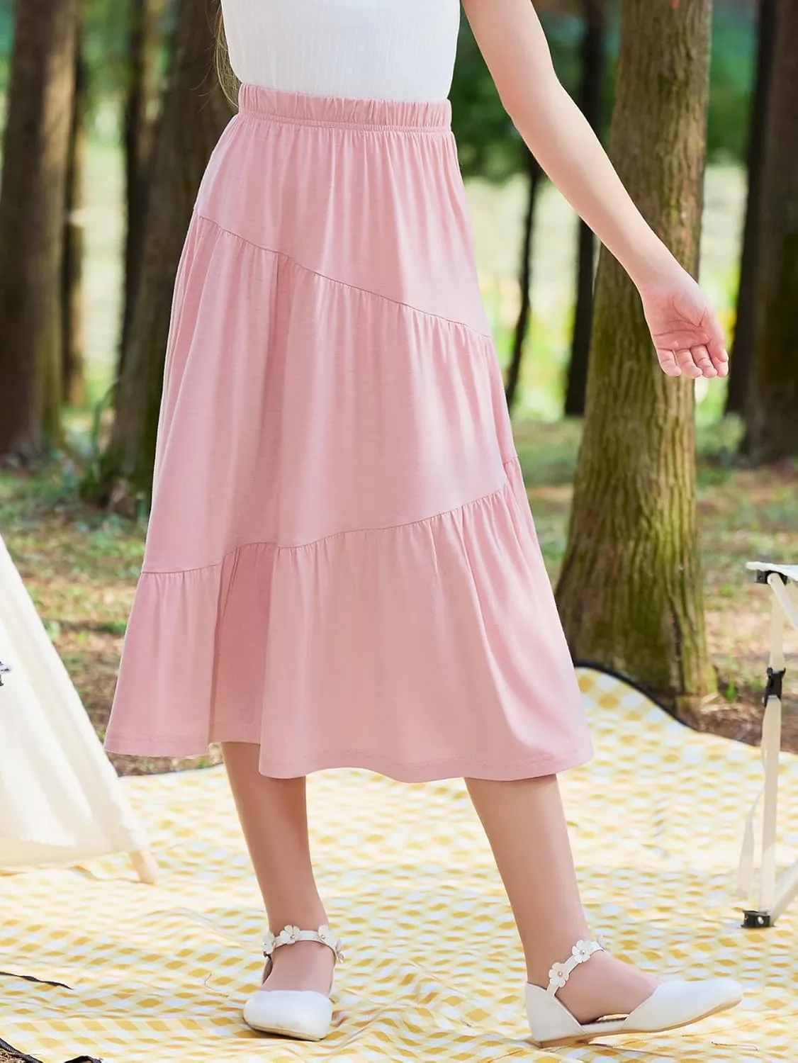 GORLYA Girls Holiday Casual Asymmetrical Tiered Ruffle Hem Long Swing Boho Fancy Maxi Skirt 6-14Y