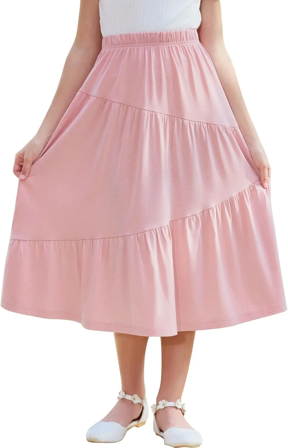 GORLYA Girls Holiday Casual Asymmetrical Tiered Ruffle Hem Long Swing Boho Fancy Maxi Skirt 6-14Y