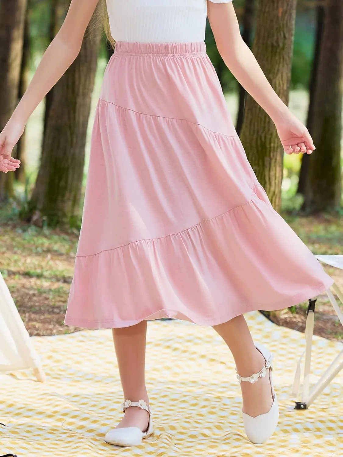 GORLYA Girls Holiday Casual Asymmetrical Tiered Ruffle Hem Long Swing Boho Fancy Maxi Skirt 6-14Y