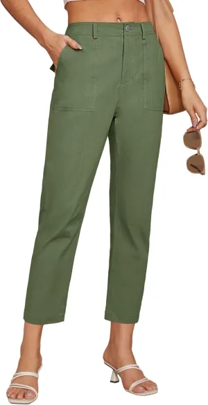 GRACE KARIN 2024 Casual Button Down Pants Elastic High Waist Business Work Trousers Straight Slacks with Pockets Green M