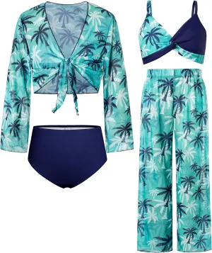 GRACE KARIN Teen Girls Bathing Suits Kids 4 Piece Long Sleeve Swimsuit Kimono Up Pants Bikini Tankini Set Swimwear