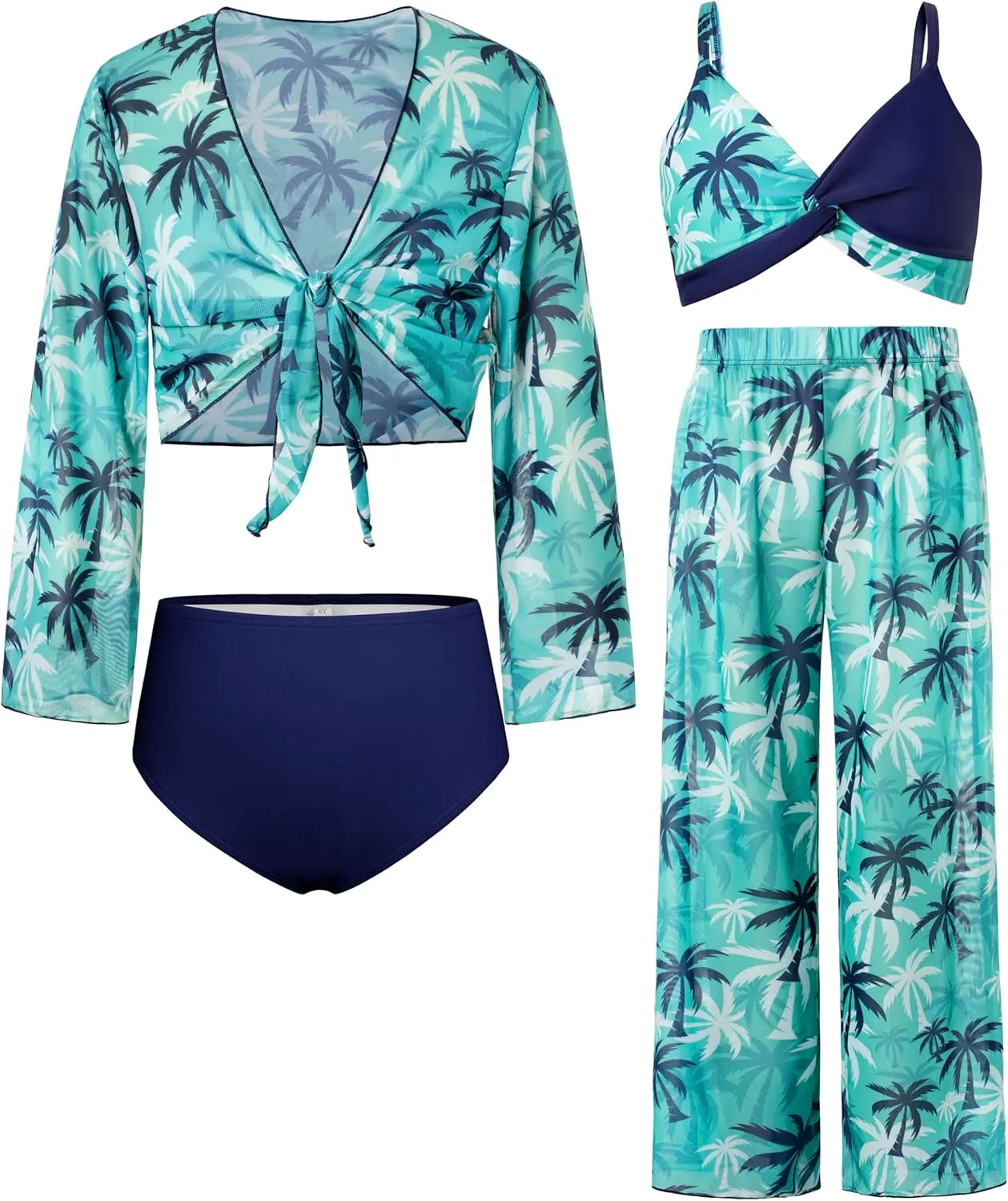 GRACE KARIN Teen Girls Bathing Suits Kids 4 Piece Long Sleeve Swimsuit Kimono Up Pants Bikini Tankini Set Swimwear