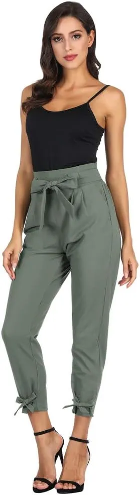 GRACE KARIN Women's Casual Pants Solid High Waist Self Tie Belted Pencil Trouser