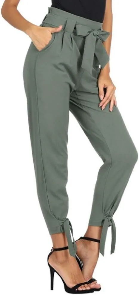GRACE KARIN Women's Casual Pants Solid High Waist Self Tie Belted Pencil Trouser