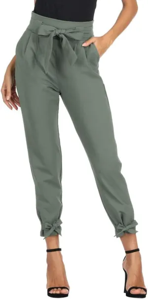 GRACE KARIN Women's Casual Pants Solid High Waist Self Tie Belted Pencil Trouser