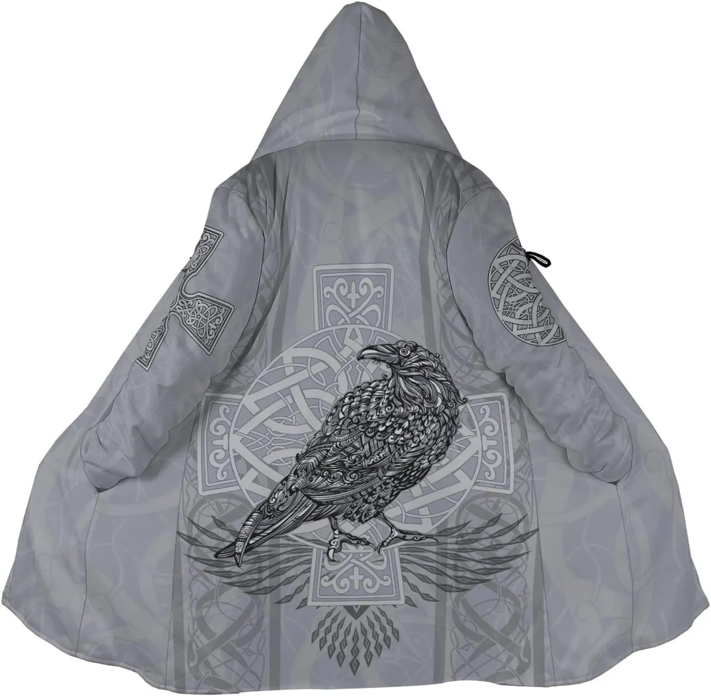 Grey Raven,5XL, Odin Raven Men Viking Hooded Coat, Nordic Faux Cashmere Cloak 3D Printed Overcoat Winter Mid-Length Parka Jacket