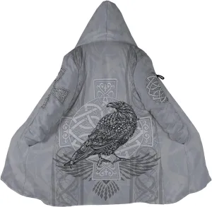Grey Raven,5XL, Odin Raven Men Viking Hooded Coat, Nordic Faux Cashmere Cloak 3D Printed Overcoat Winter Mid-Length Parka Jacket