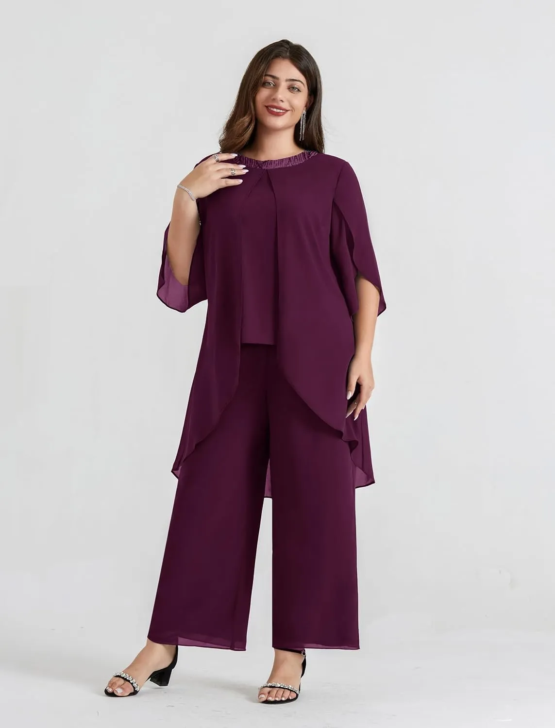Hanna Nikole Plus Size Mother of The Bride Pant Suits 2 Piece Chiffon Sets Dressy Wedding Guest Outfit with High Low Hem