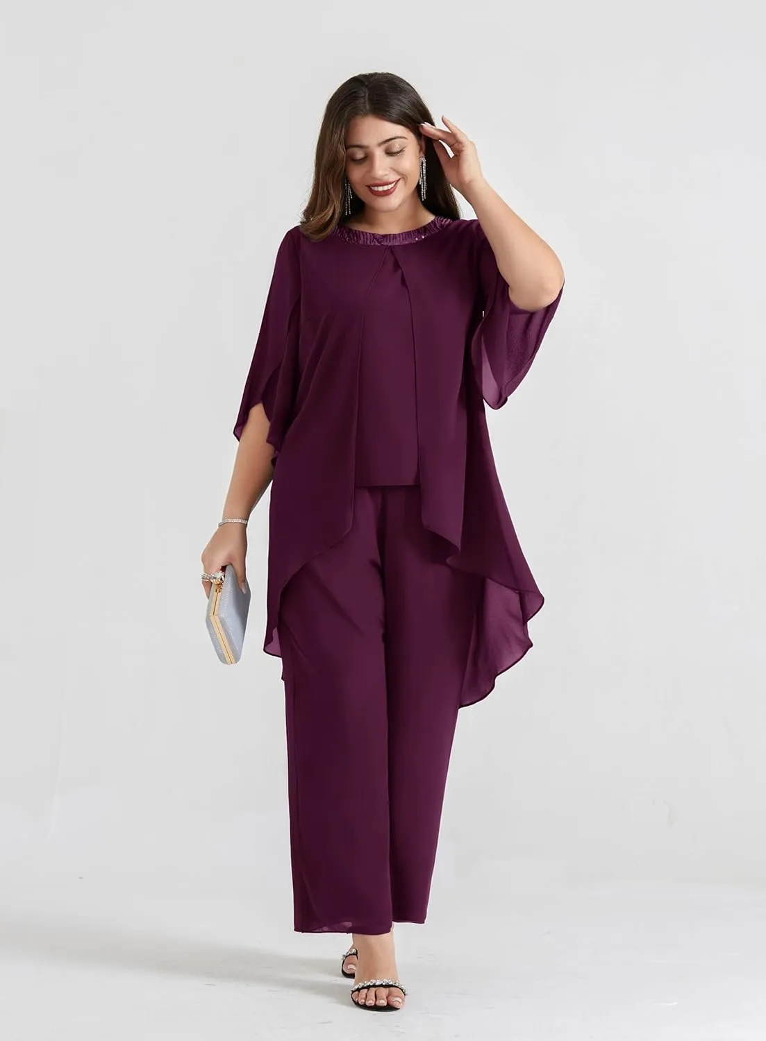 Hanna Nikole Plus Size Mother of The Bride Pant Suits 2 Piece Chiffon Sets Dressy Wedding Guest Outfit with High Low Hem