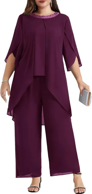 Hanna Nikole Plus Size Mother of The Bride Pant Suits 2 Piece Chiffon Sets Dressy Wedding Guest Outfit with High Low Hem