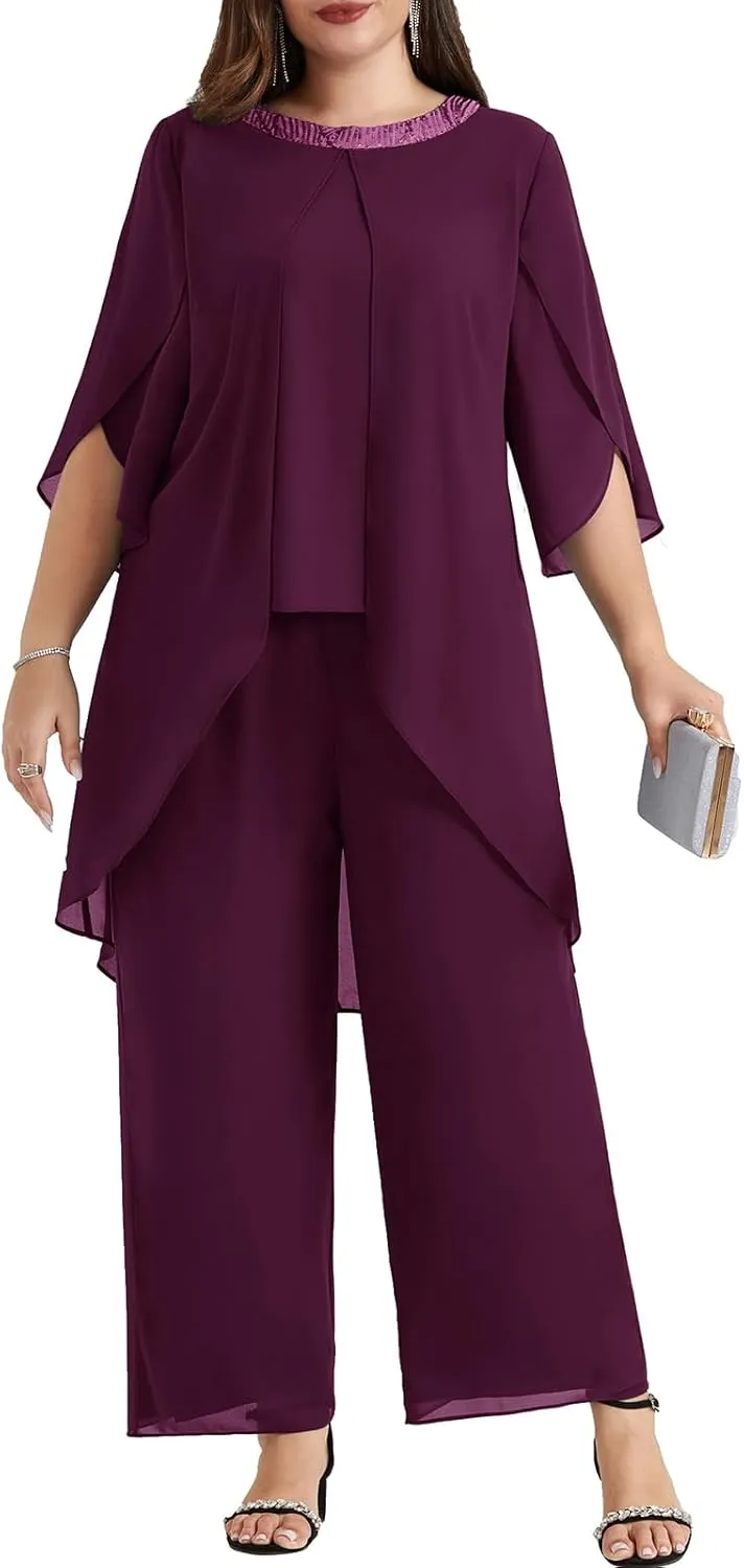 Hanna Nikole Plus Size Mother of The Bride Pant Suits 2 Piece Chiffon Sets Dressy Wedding Guest Outfit with High Low Hem