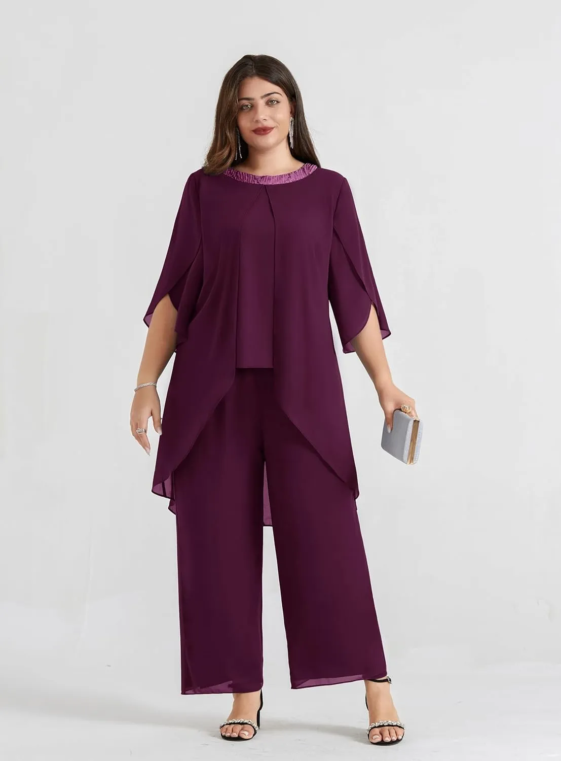 Hanna Nikole Plus Size Mother of The Bride Pant Suits 2 Piece Chiffon Sets Dressy Wedding Guest Outfit with High Low Hem